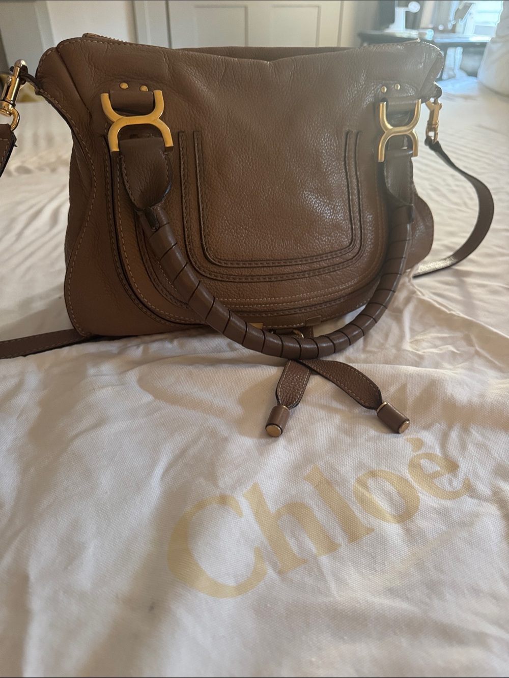 Chloé Marcie Medium Satchel Leather Crossbody Bag Taupe Brown Dust Bag